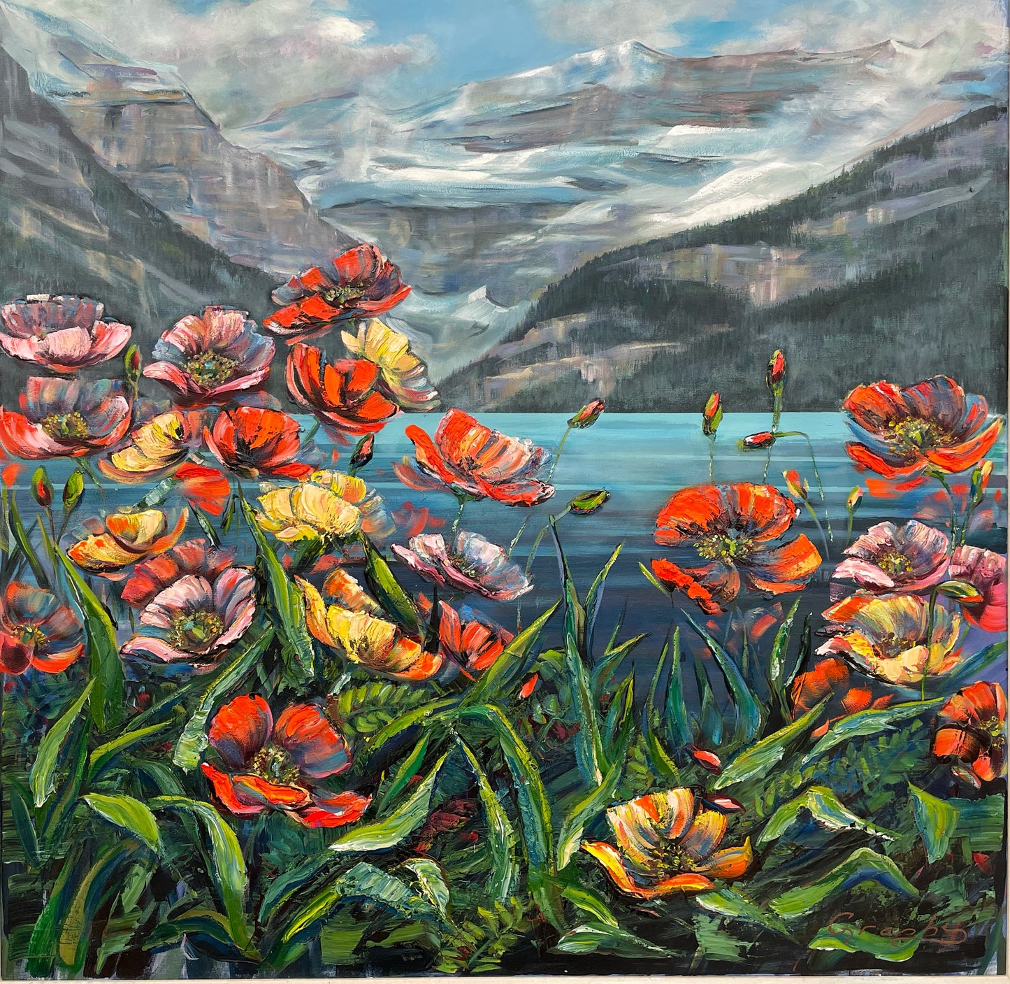 Original Oil Painting by artist Teresa Grasby entitled "Poppies at Lake Louise II", 36" x 36"