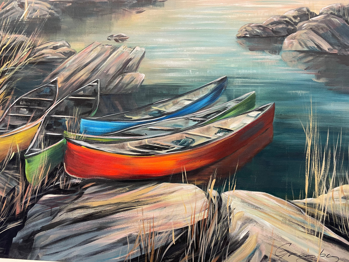 Original Acrylic Painting by artist Teresa Grasby - "Canoe Campout", 30" x 40"
