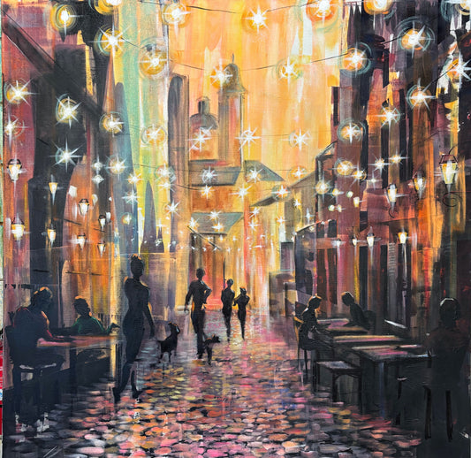 Night city street cityscape painting with lantern lights by Teresa Grasby, Grasby Art Studio Calgary