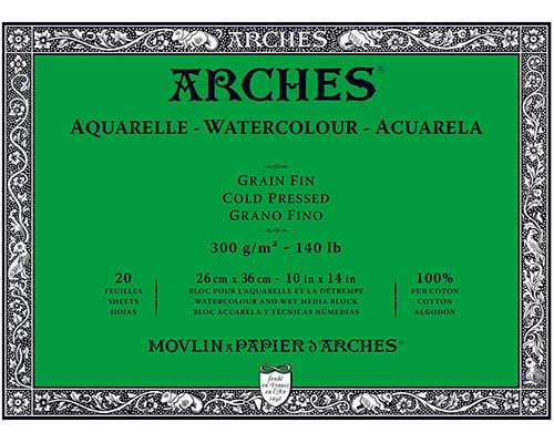 ARCHES Watercolor, Cold Pressed Block, 20 Sheets, 300gsm (10x14in)