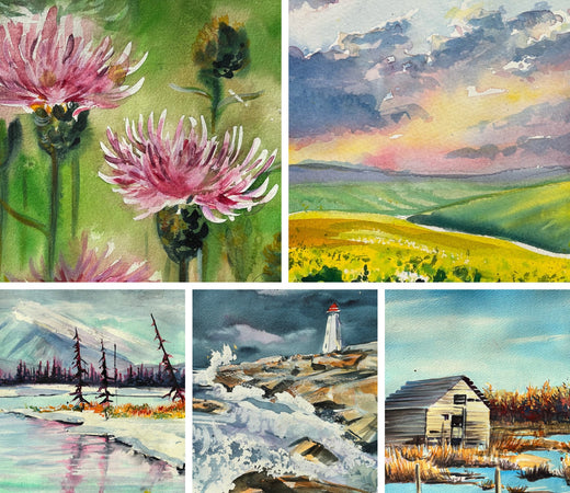 Five watercolours by Teresa Grasby — thistles, canola fields under a prairie sky, mountain lake, Peggy's Cove lighthouse, prairie barn — subjects from the beginners watercolour workshops Levels 5-8