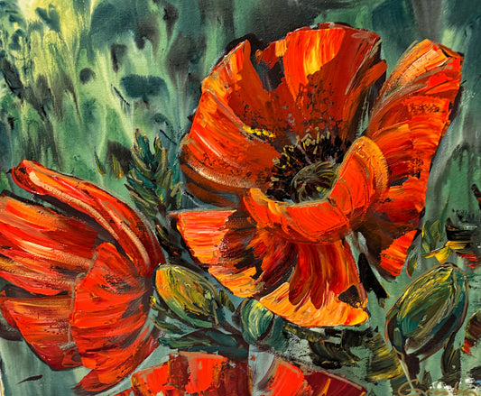 Two large scarlet poppies with black centres against a mottled teal and yellow ground, thick impasto painting by Teresa Grasby, Grasby Art Studio Calgary