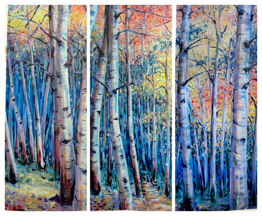 Birch triptych by Teresa Grasby — aspens and birches in autumn colour, Treescape painting workshops Calgary
