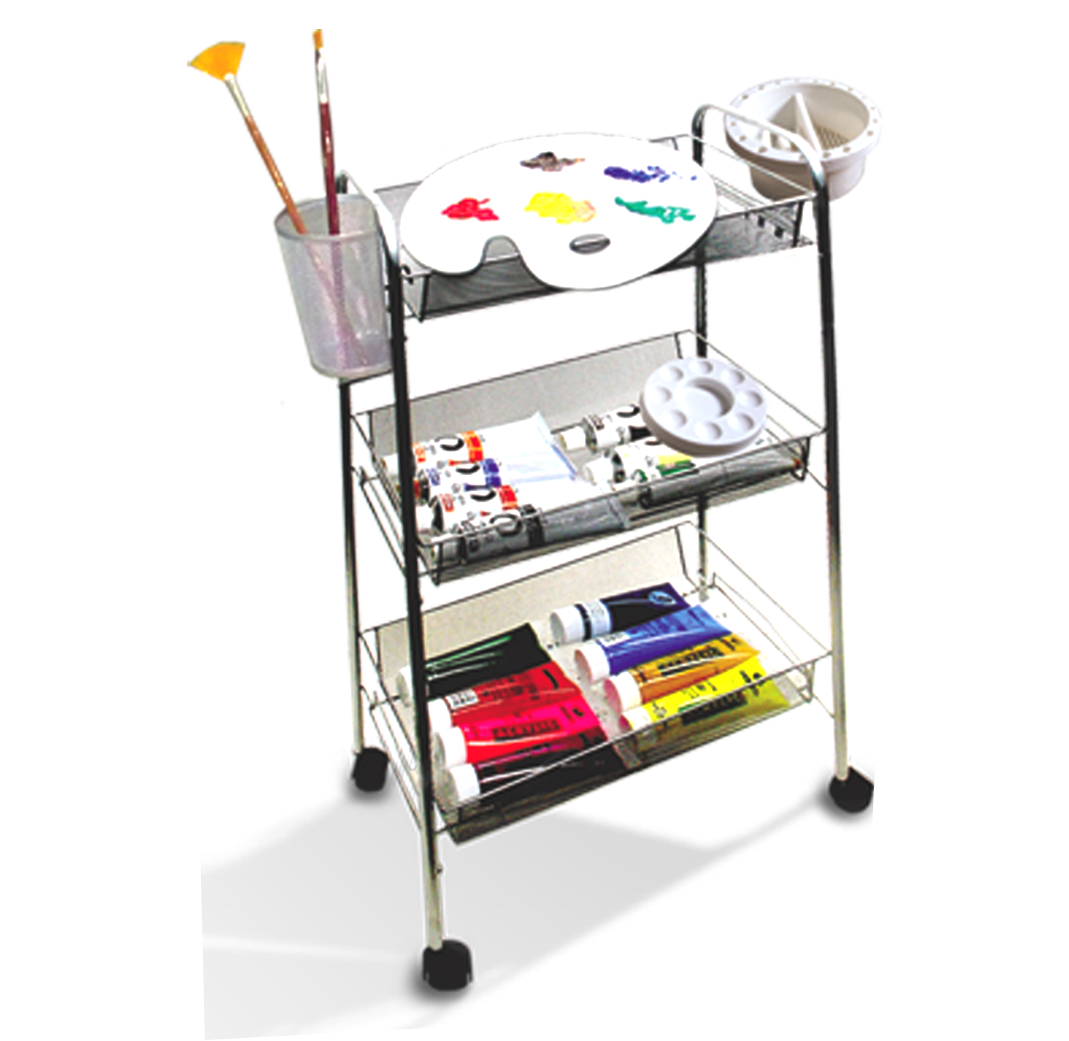 Artist Studio On Wheels with 3 Shelves, 26 Brush Holder Slots, 4" Diam. Brush Washer and Oil Or Medium Jar With Cover