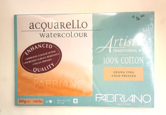 Fabriano Artistico - Enhanced Watercolour Paper, Cold Pressed, 20 sheets, 300gsm, 30.5x45.5cm - 12x18
