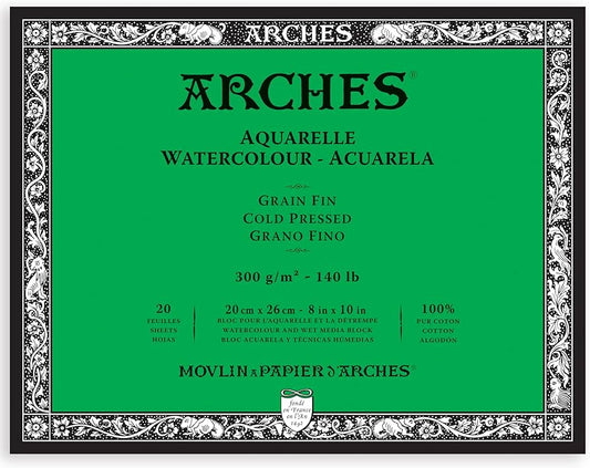 ARCHES Watercolor - Acuarela, Cold Pressed, 20 Sheets, 300gsm, 20x26cm - 8x10