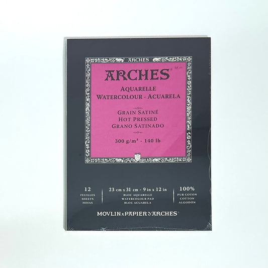 Arches Aquarelle Watercolour Pad - Hot Press, 300gsm (140lb), 12 Sheets, 9x12"