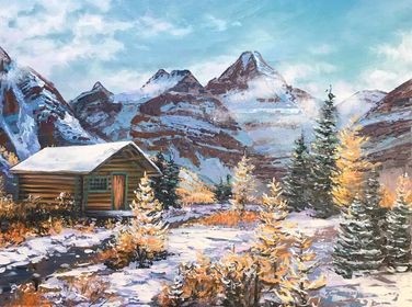 Cabin at Assiniboine - 18x24 Original Winter Mountain Lodge Painting