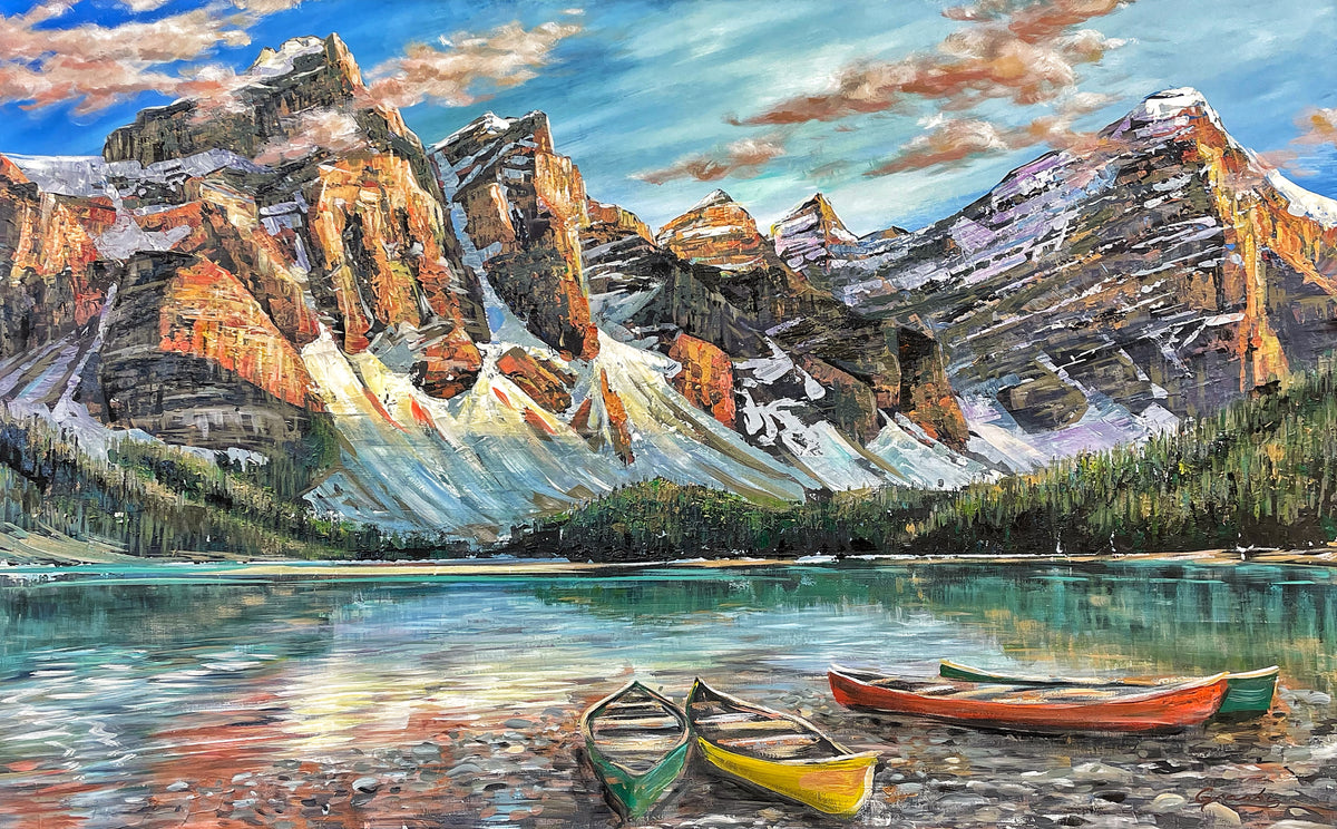 Original Acrylic Painting by artist Teresa Grasby - &quot;Canoes at Moraine Lake&quot;, 30&quot; x 60&quot;