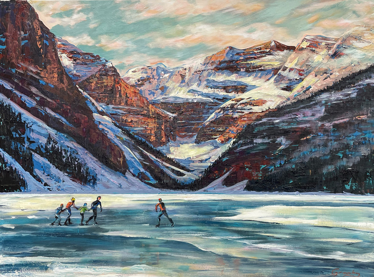 Original Acrylic Painting by artist Teresa Grasby - &quot;Skaters at Lake Louise&quot;, 24&quot; x 36&quot;