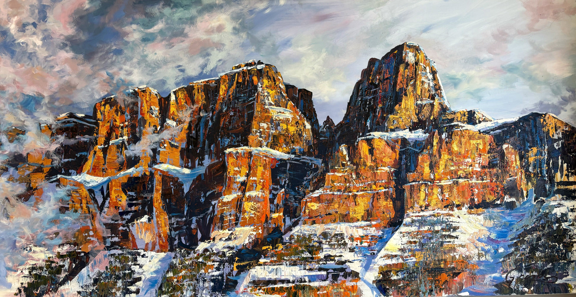 Golden mountain cliffs in heavy palette knife texture, painting by Teresa Grasby, Grasby Art Studio Calgary