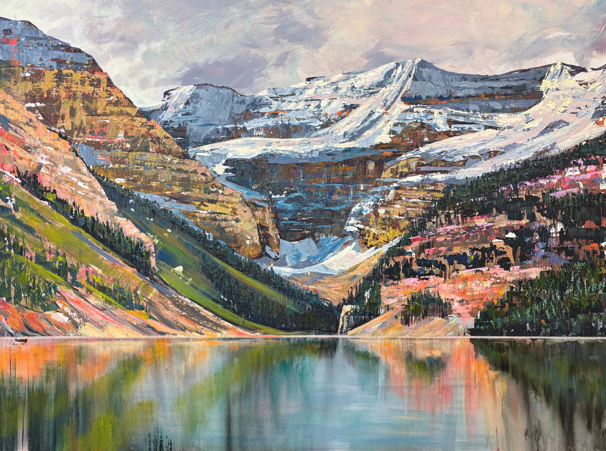 Rocky Mountain lake, glacier and reflection painted with a palette knife by Teresa Grasby, Grasby Art Studio Calgary