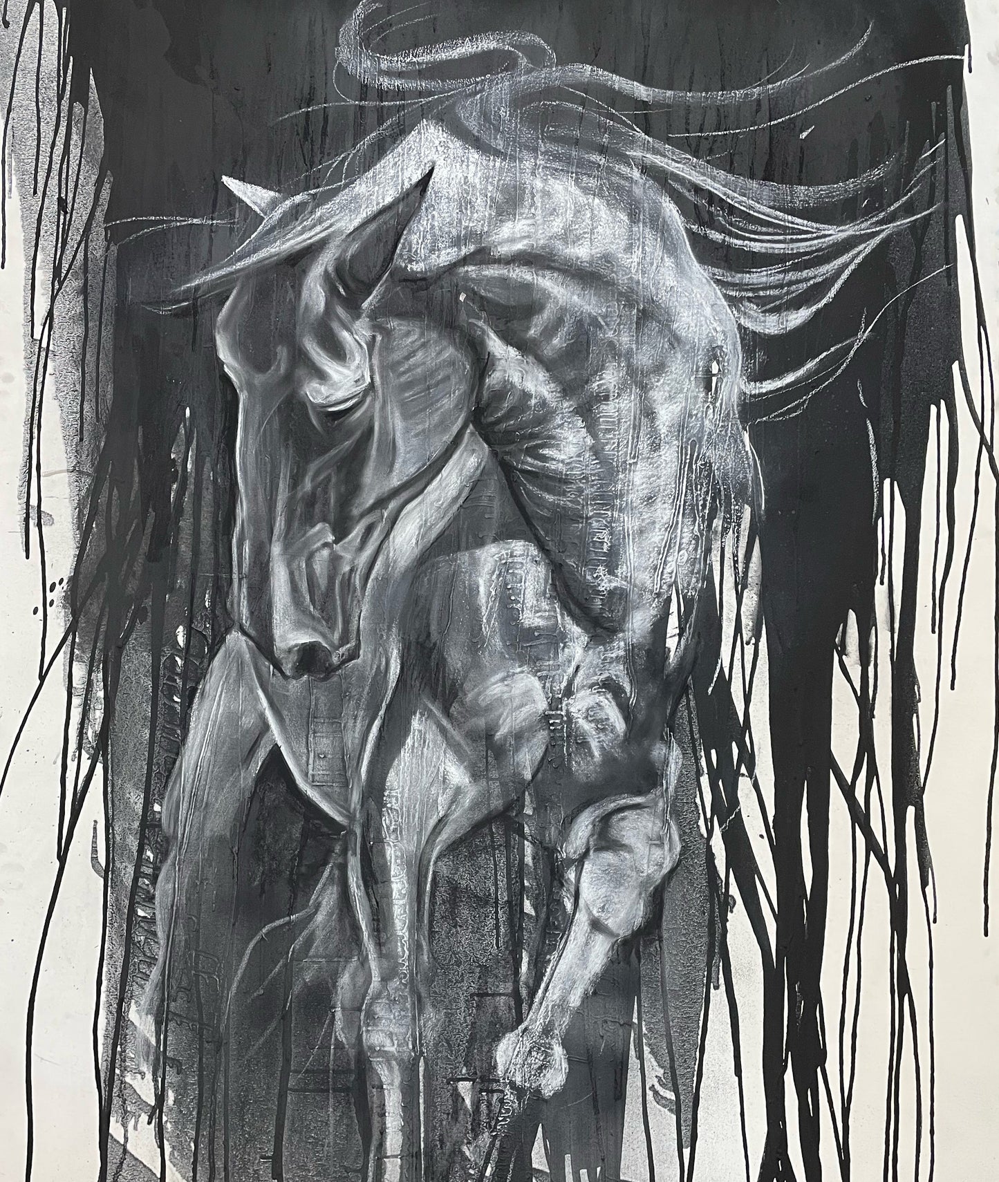 Charcoal on canvas horse drawing with dripped ink by Teresa Grasby, Grasby Art Studio Calgary
