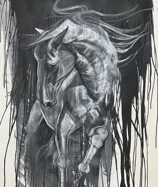 Charcoal on canvas horse drawing with dripped ink by Teresa Grasby, Grasby Art Studio Calgary
