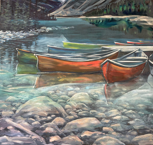 Canoes on Glass - 36x36 Original Mount Edith Cavell Painting