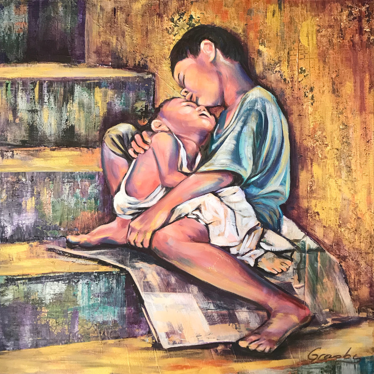 All the Glitters – 30x30 original acrylic mixed media painting by Teresa Grasby, a child cradling a sleeping baby on golden steps
