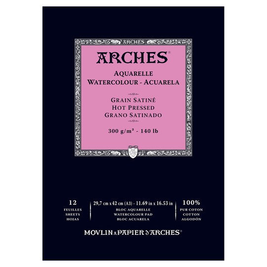 Arches Aquarelle Watercolour Pad - Hot Press, 300gsm (140lb), 12 Sheets, 11.69x16.53"