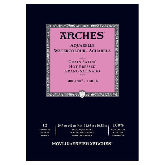 Arches Aquarelle Watercolour Pad - Hot Press, 300gsm (140lb), 12 Sheets, 11.69x16.53"