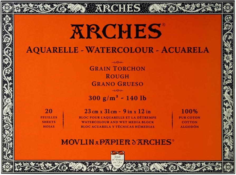 ARCHES Watercolour, Rough Grain Block, 20 Sheets, 300gsm (9x12in)