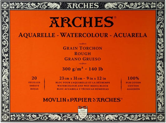 ARCHES Watercolour, Rough Grain Block, 20 Sheets, 300gsm (9x12in)