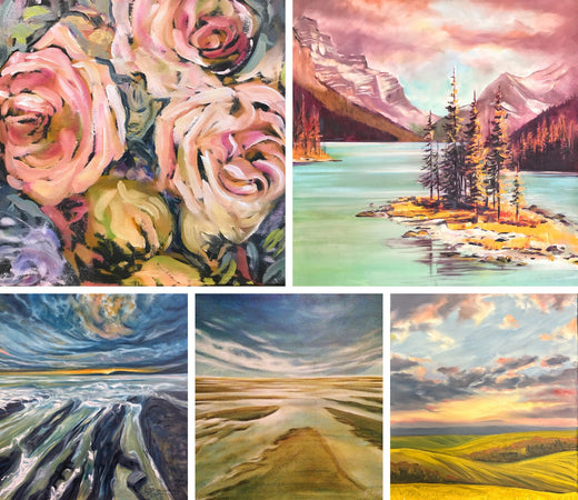 Five oil paintings by Teresa Grasby — roses, mountain lake with larches, stormy shoreline, prairie snowmelt, canola fields at sunset — subjects from the beginners oil painting workshops