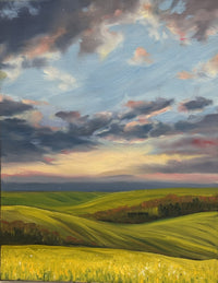 Prairie sunset over rolling green fields and a yellow canola strip, a beginners oil painting from the Levels 1-4 oil painting course at Grasby Art Studio, Calgary