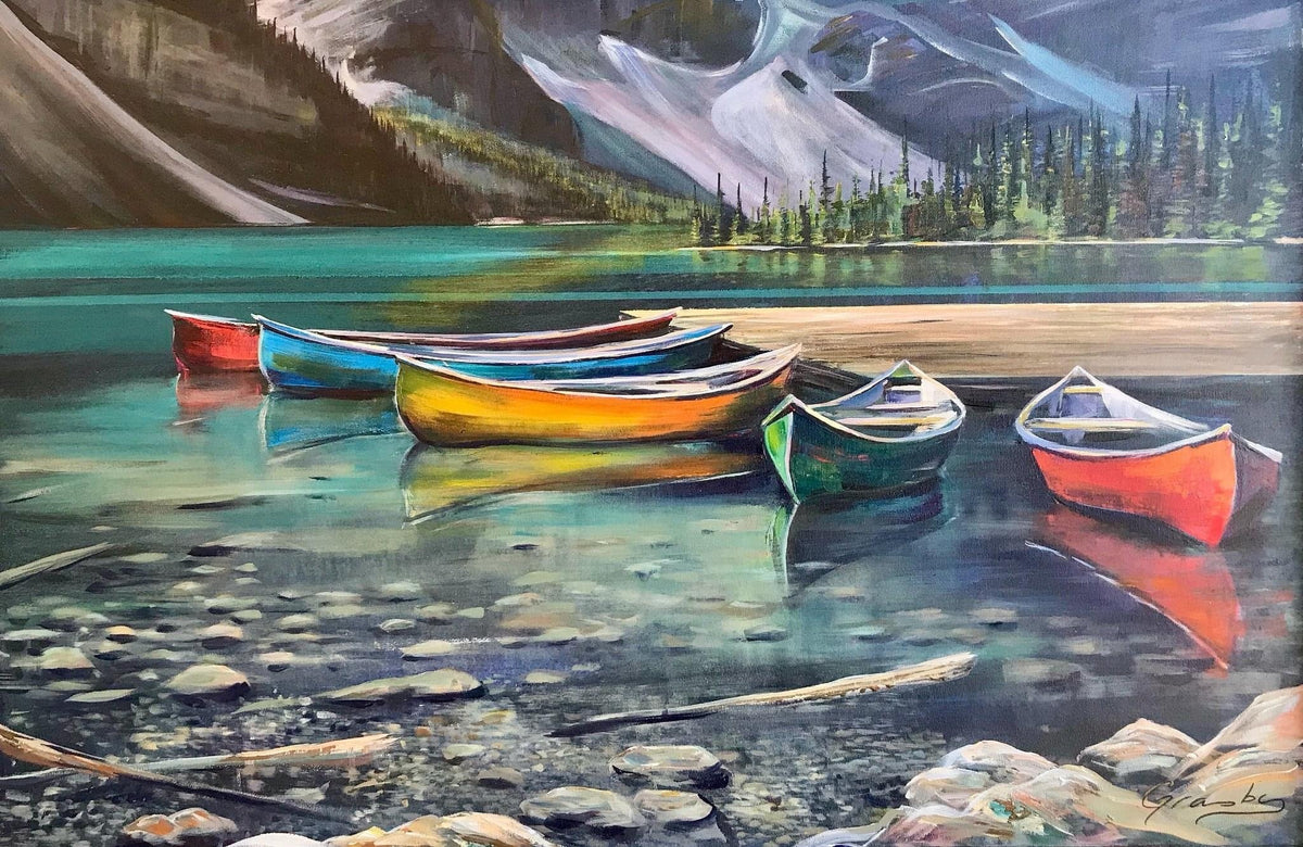 Colourful canoes and their reflections on a turquoise mountain lake, acrylic painting by Teresa Grasby, Grasby Art Studio Calgary