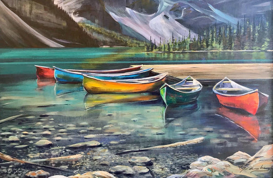 Colourful canoes and their reflections on a turquoise mountain lake, acrylic painting by Teresa Grasby, Grasby Art Studio Calgary