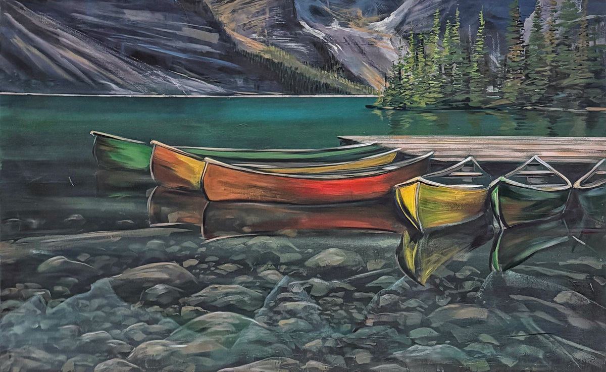 Red, green and yellow canoes beside a dock with reflections over lake stones, painting from the Canoes & Reflections workshop, Grasby Art Studio Calgary