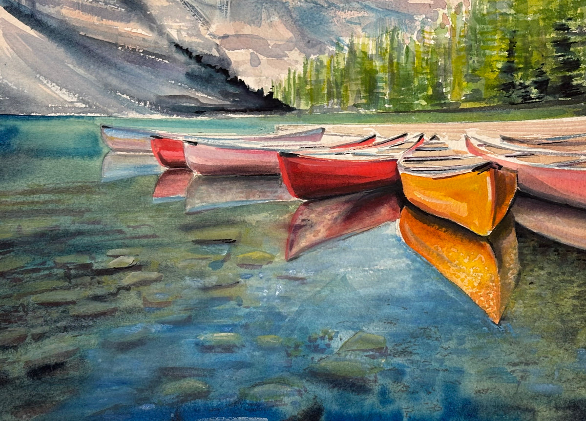Canoes and reflections on a mountain lake, watercolour painting by Teresa Grasby, Grasby Art Studio Calgary