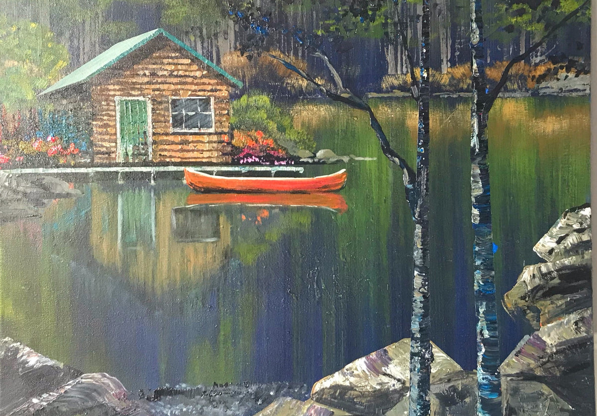 Red canoe and log cabin reflected in still water, painting from the Canoes & Reflections workshop, Grasby Art Studio Calgary