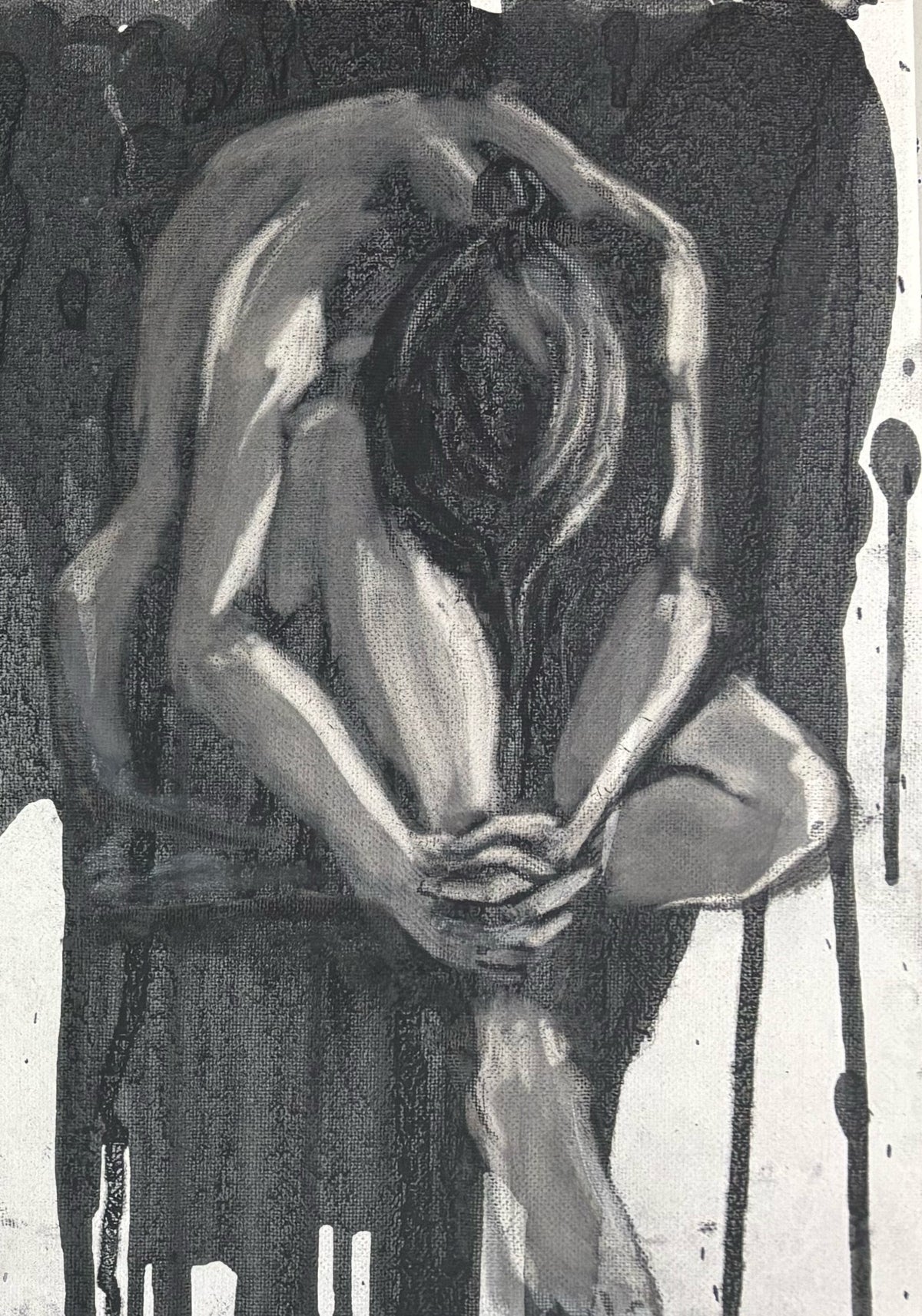 Bowed figure study in charcoal on canvas with dripped ink, by Teresa Grasby, Grasby Art Studio Calgary
