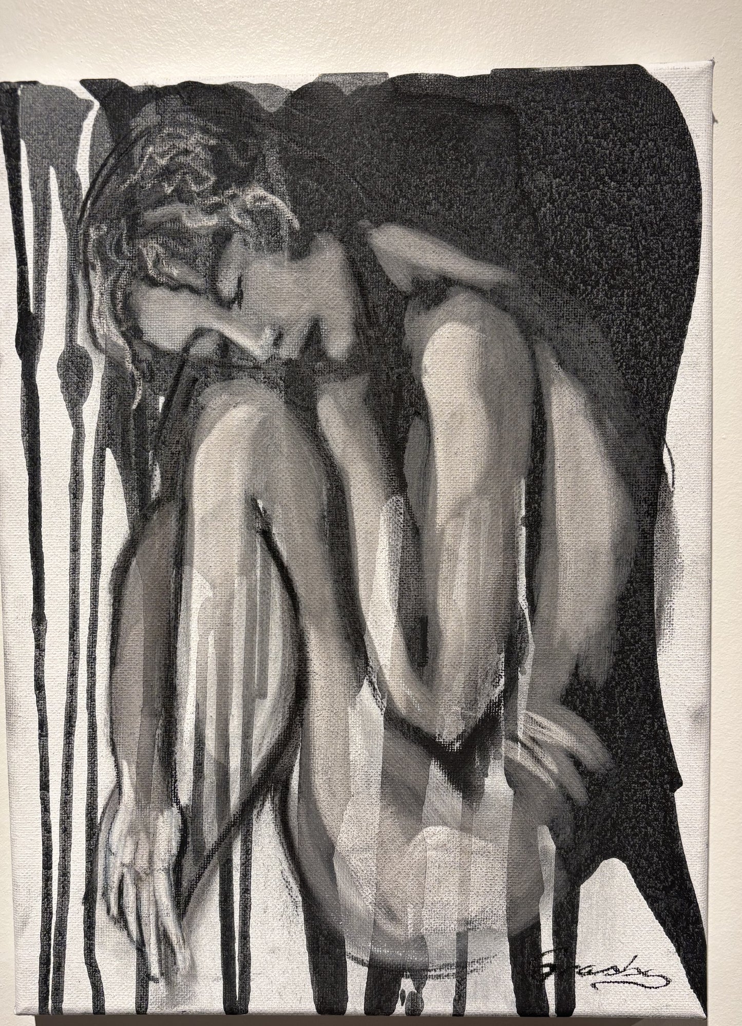 Crouched figure study in charcoal on canvas with arms folded over the knees and dripped black ink, by Teresa Grasby, Grasby Art Studio Calgary
