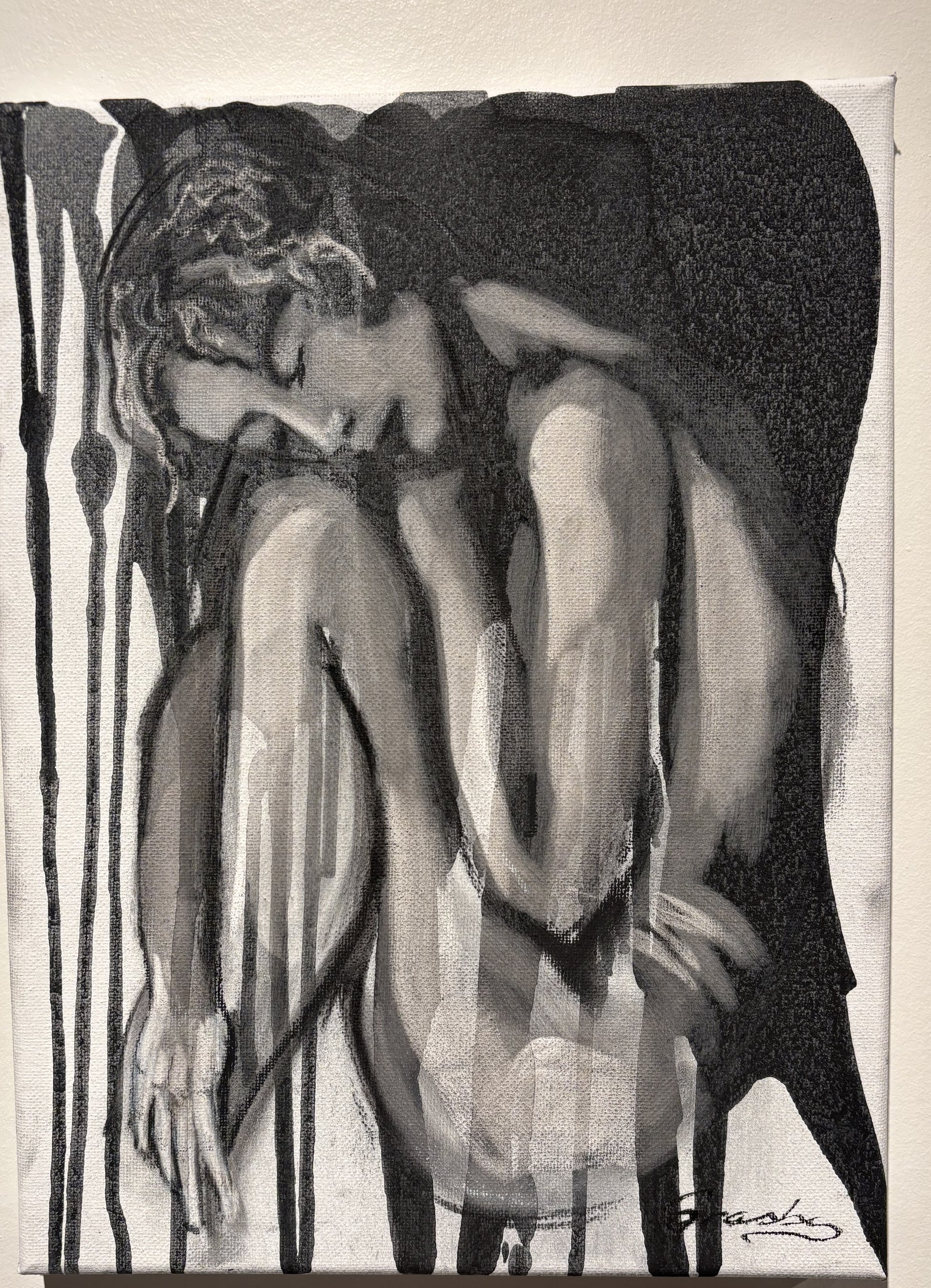 Crouched figure study in charcoal on canvas with arms folded over the knees and dripped black ink, by Teresa Grasby, Grasby Art Studio Calgary
