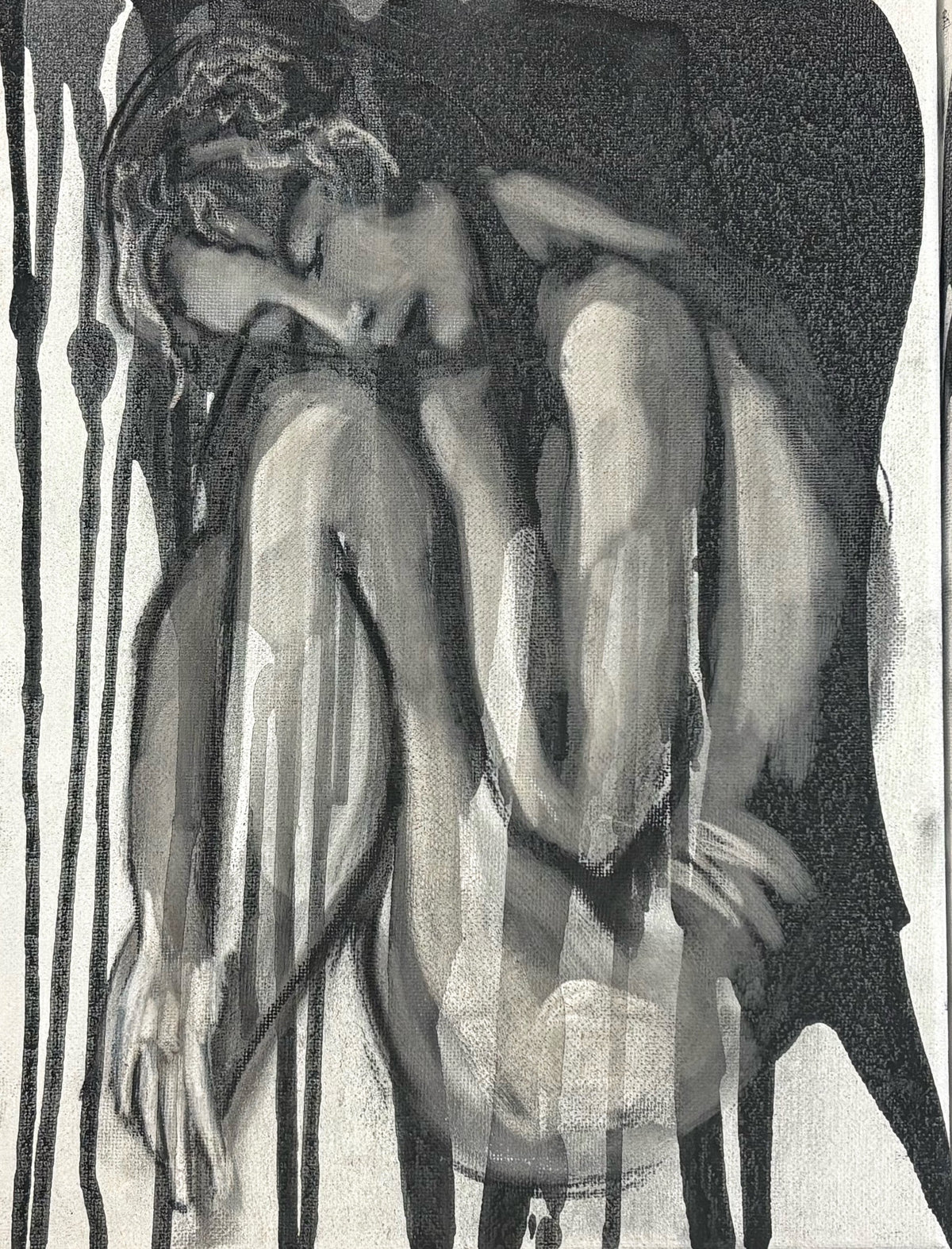 Crouched figure study in charcoal on canvas with dripped ink, by Teresa Grasby, Grasby Art Studio Calgary