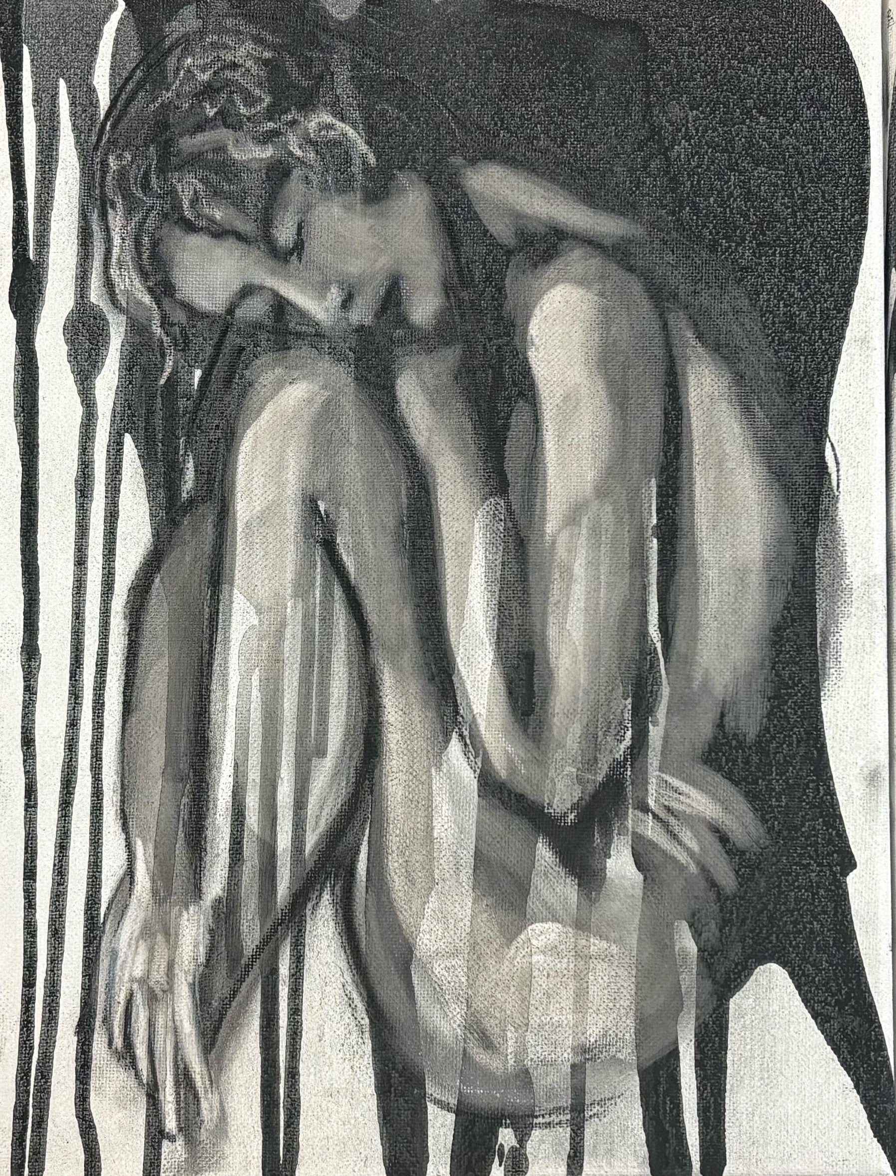 Crouched figure study in charcoal on canvas with dripped ink, by Teresa Grasby, Grasby Art Studio Calgary
