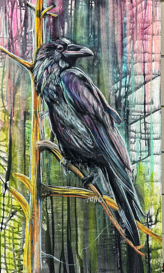 Raven on a golden branch in charcoal and pastel on canvas with dripped colour, by Teresa Grasby, Grasby Art Studio Calgary
