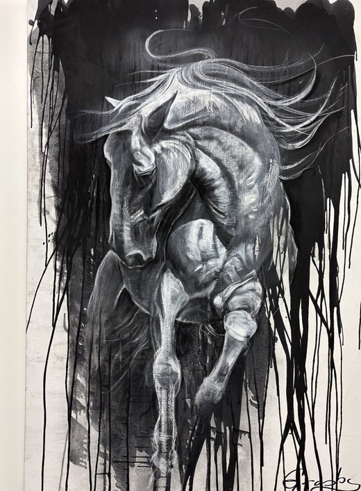 Rearing white horse in charcoal on canvas over a black ink ground with long dripped lines, by Teresa Grasby, Grasby Art Studio Calgary