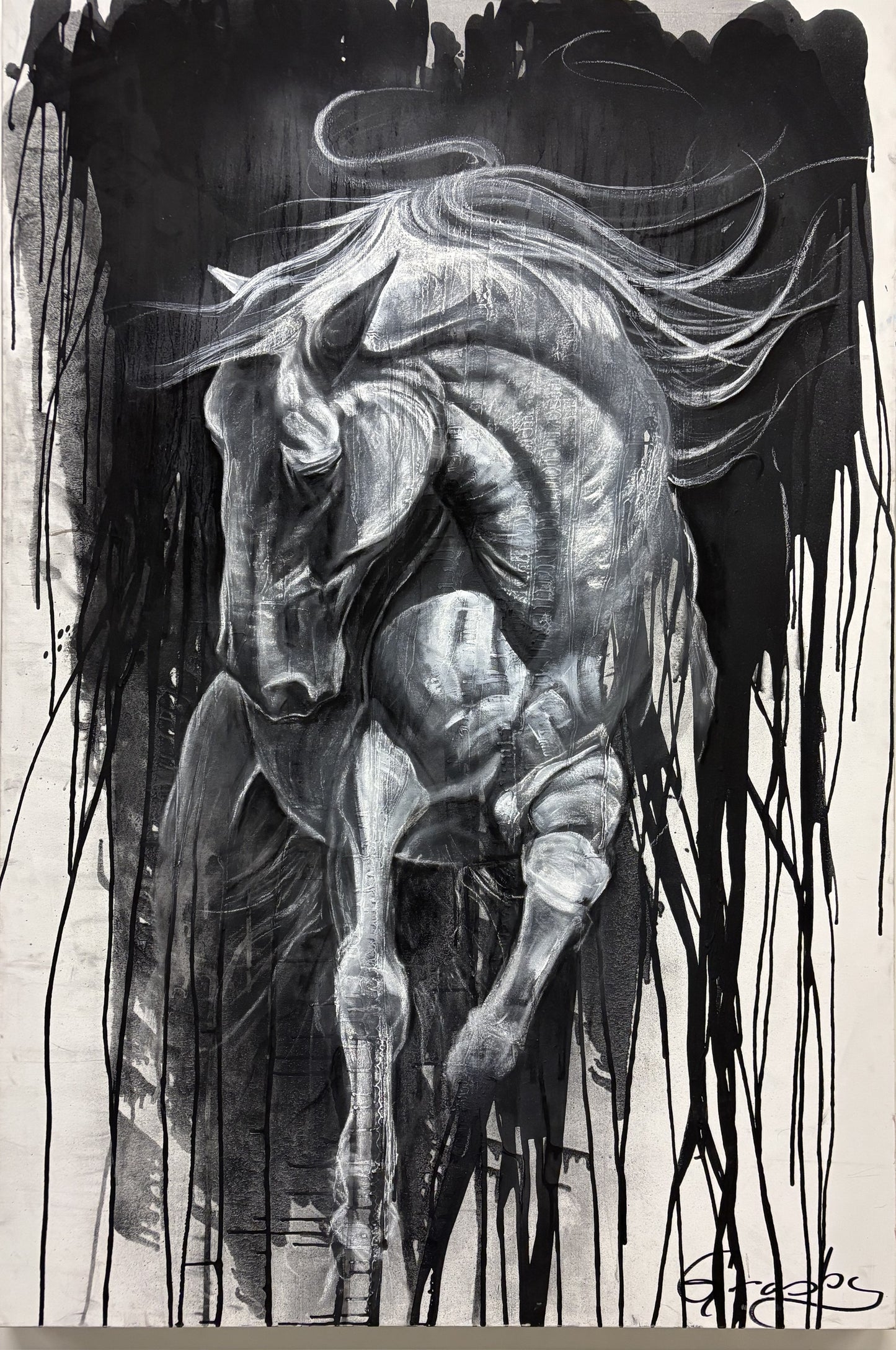 Rearing horse in charcoal on canvas with dripped black ink, by Teresa Grasby, Grasby Art Studio Calgary
