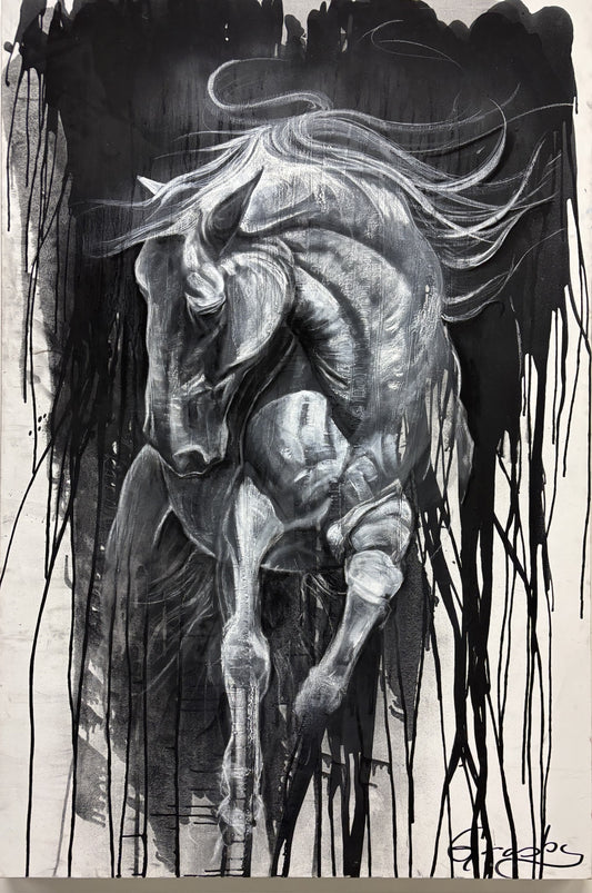 Rearing horse in charcoal on canvas with dripped black ink, by Teresa Grasby, Grasby Art Studio Calgary