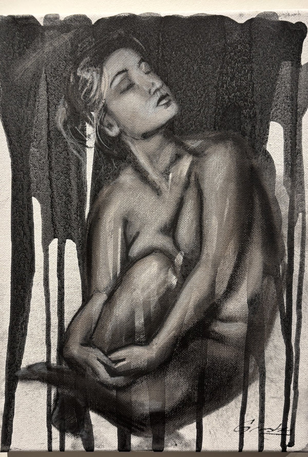 Seated figure study in charcoal on canvas, head tipped back, over dripped black ink, by Teresa Grasby, Grasby Art Studio Calgary