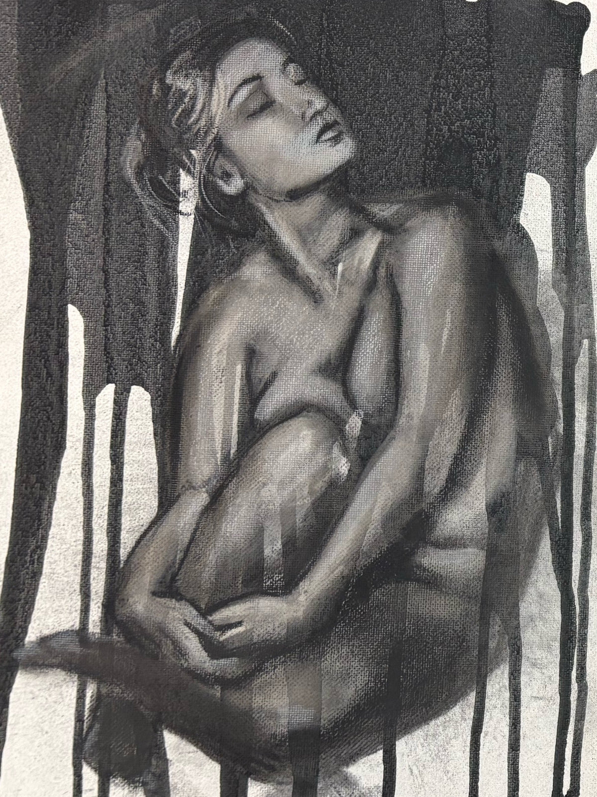 Seated figure study in charcoal on canvas with dripped ink, by Teresa Grasby, Grasby Art Studio Calgary