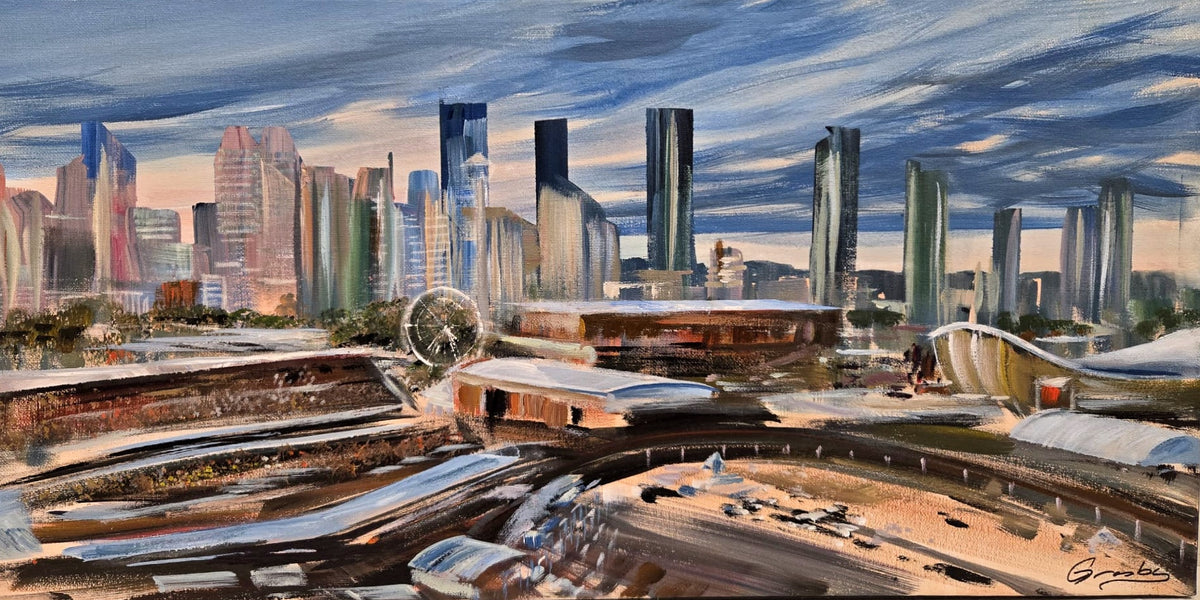 Calgary downtown skyline and the Bow River pathway under a streaked blue sky, cityscape painting by Teresa Grasby, Grasby Art Studio Calgary