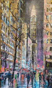 Chrysler Building lit at night above a rainy Manhattan street with umbrellas and wet-road reflections, cityscape painting by Teresa Grasby, Grasby Art Studio Calgary