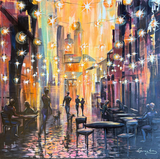 Lantern-lit cafe street at dusk strung with festival lights, figures and dogs on wet cobbles, cityscape painting by Teresa Grasby, Grasby Art Studio Calgary
