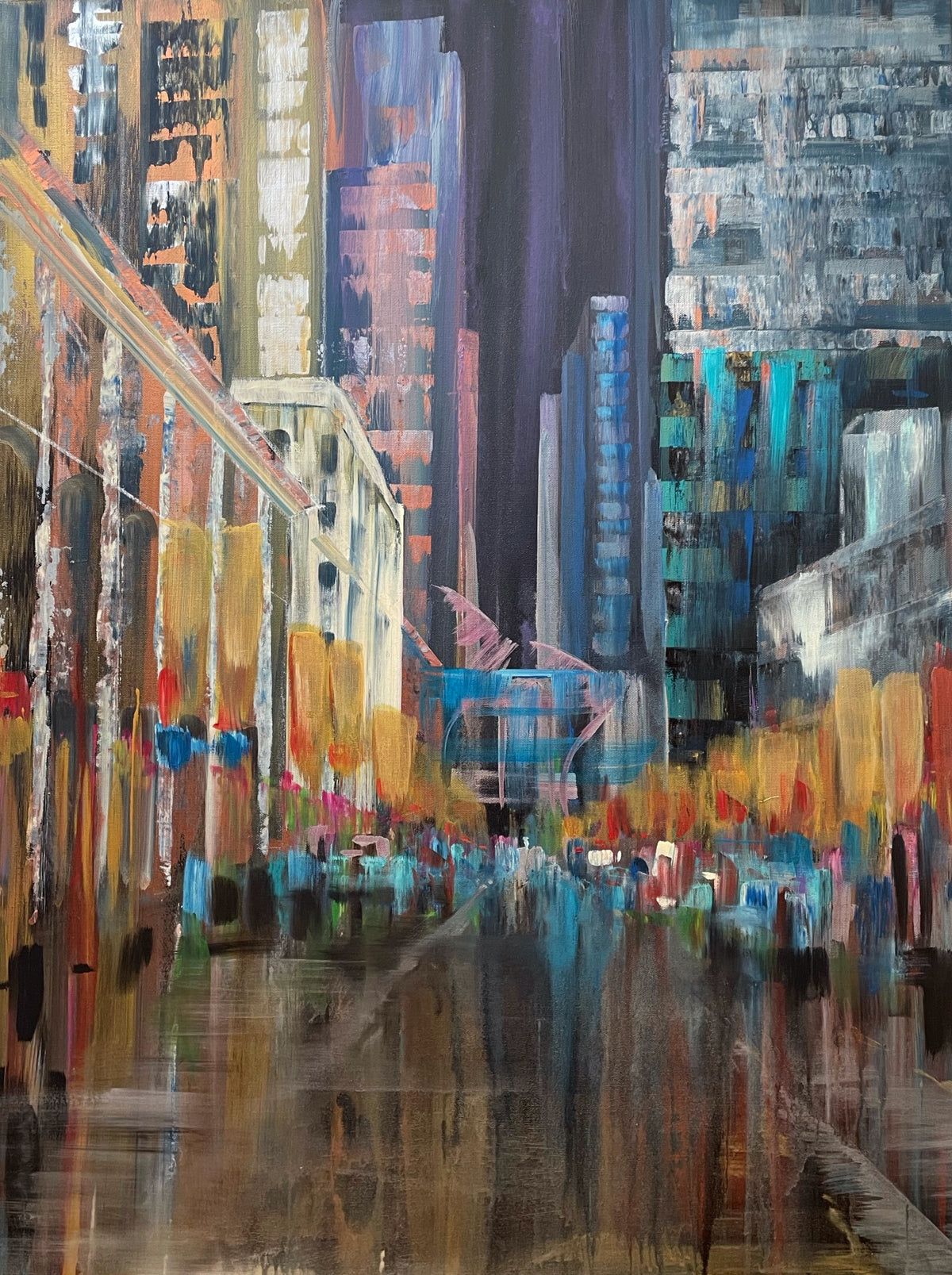 Rainy city street cityscape painting with wet-road reflections by Teresa Grasby, Grasby Art Studio Calgary