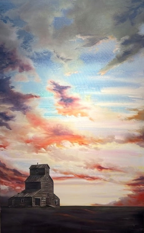 Weathered grain elevator under a pink and orange prairie sunset, painting by Teresa Grasby, Grasby Art Studio Calgary