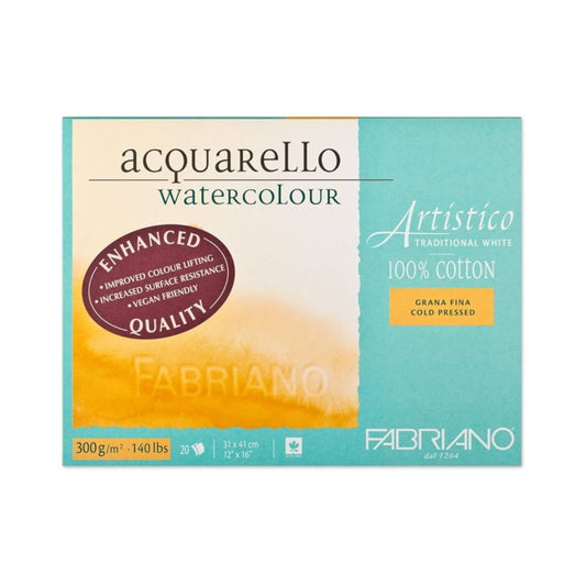 Fabriano Artistico - Enhanced Cold Pressed Watercolour Paper, Traditional White, 10 Sheets, 300gsm, 45.5x61cm - 18x24