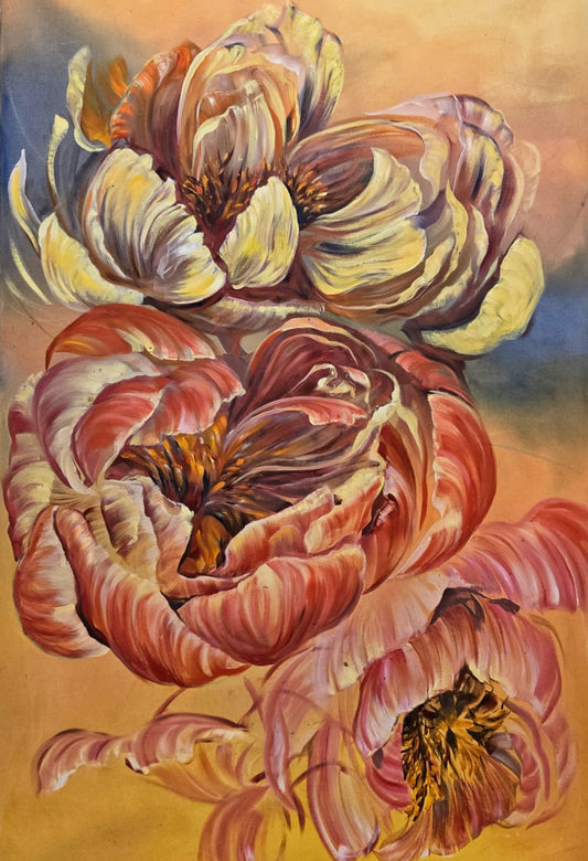Blousy peach, coral and cream blooms with dark gold centres against a warm ochre and slate ground, floral oil painting by Teresa Grasby, Grasby Art Studio Calgary