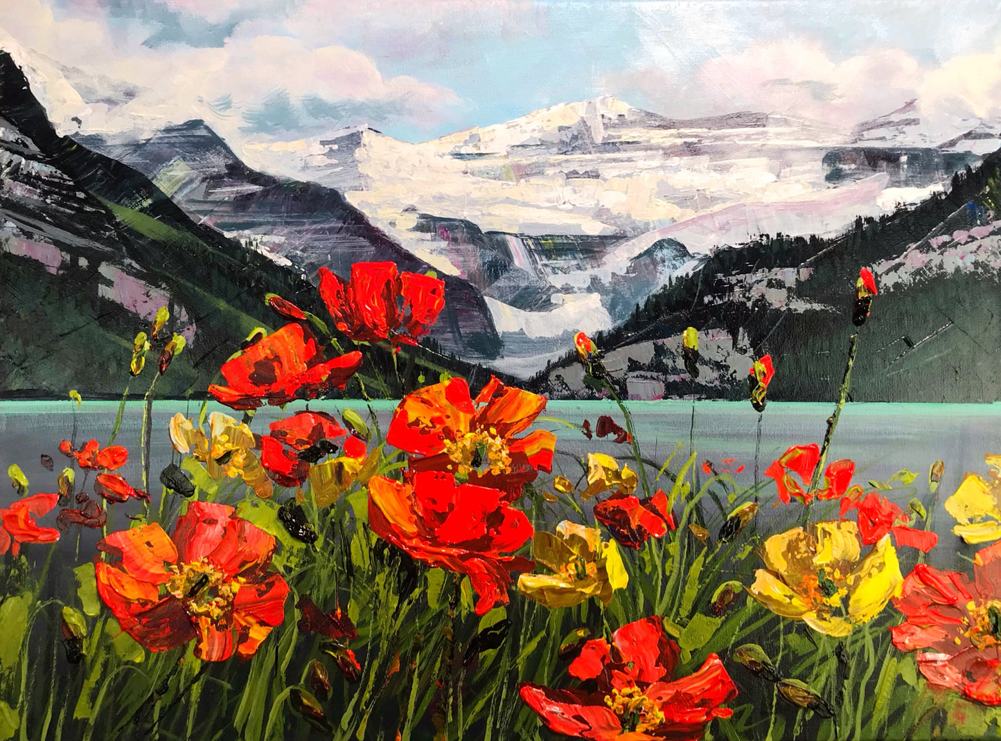 Scarlet and yellow poppies in a meadow above the turquoise water of Lake Louise with the Victoria Glacier behind, impasto palette knife painting by Teresa Grasby, Grasby Art Studio Calgary